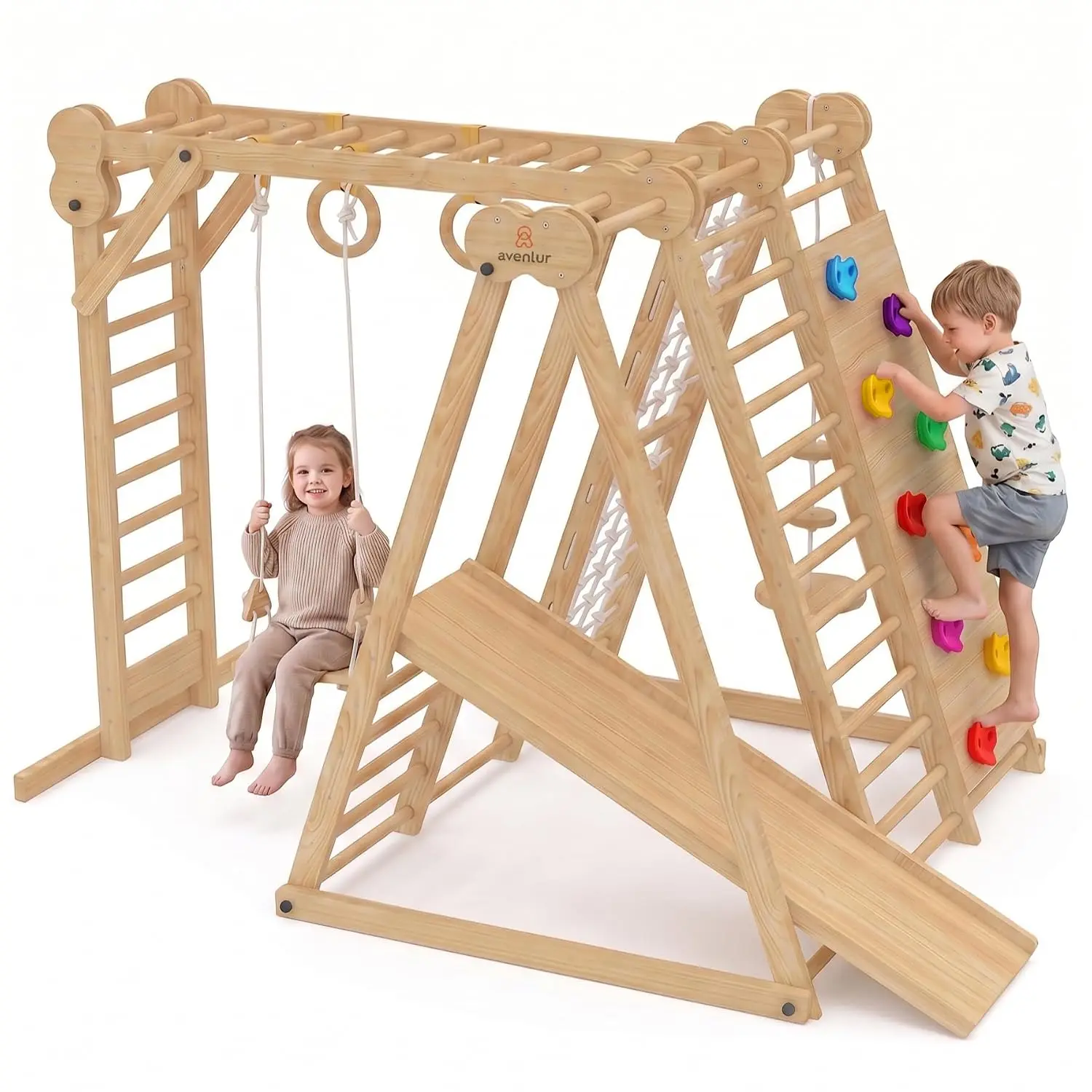 Wooden Climbing Playset with Slide, Monkey Bars, Ladder, Rope, Rock Wall, Swing, Rings & Disc for Toddler Kids 2-6, Customized