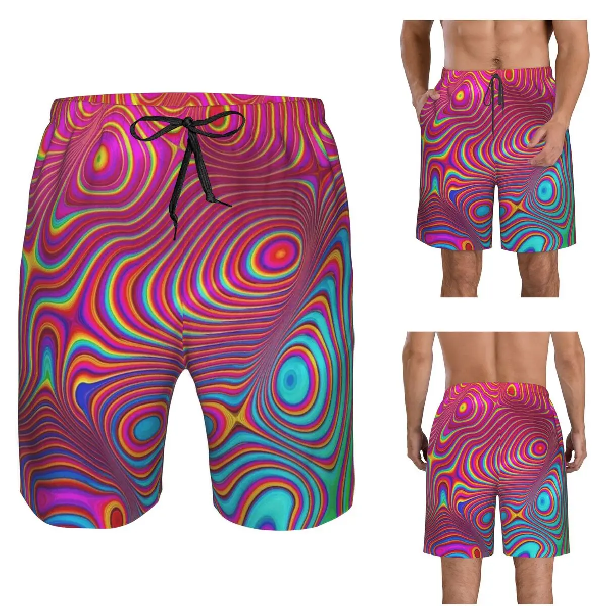 Colorful Groovy Trippy Vibrant Spiral Fractal Trunks Beach Board Shorts Casual Quick Dry Swimming Summer Men Pants