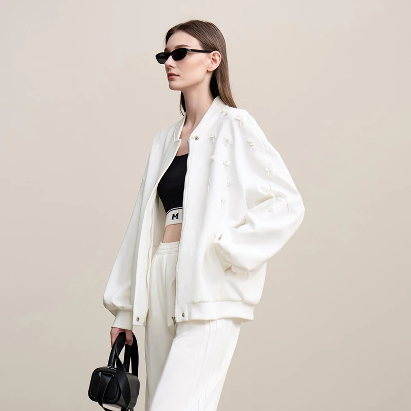 Amii Women's Spring Jacket with Beaded Flowers and Zipper