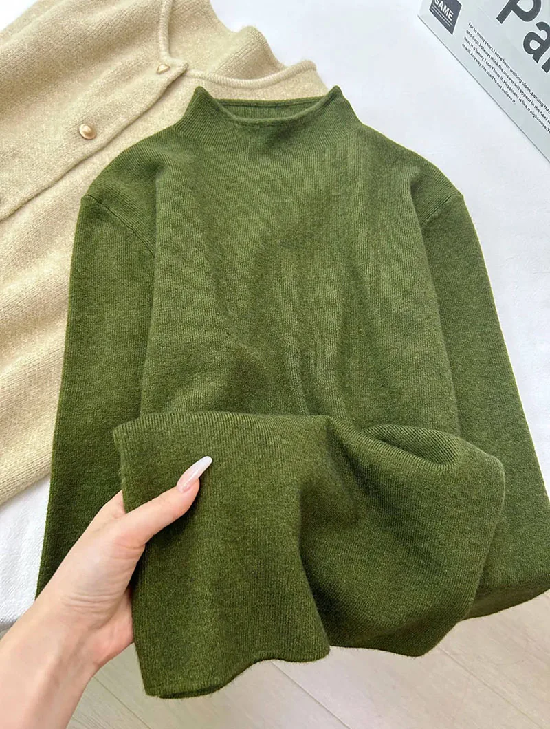 Damen Halbrollkragen-Strickpullover Weicher Slim-Fit Langarm-Unterziehpullover Einfarbig Lässiger Herbst-Winter Basis-Pullover – Detail 17