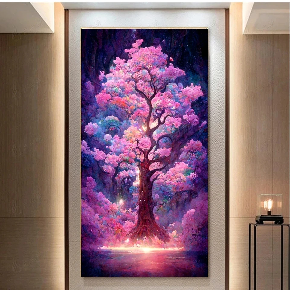 Large DIY Diamond Painting Pink Tree Landscape Full Square Round Rhinestone Mosaic 5D Embroidery Cross Stitch Home Decor Y1186