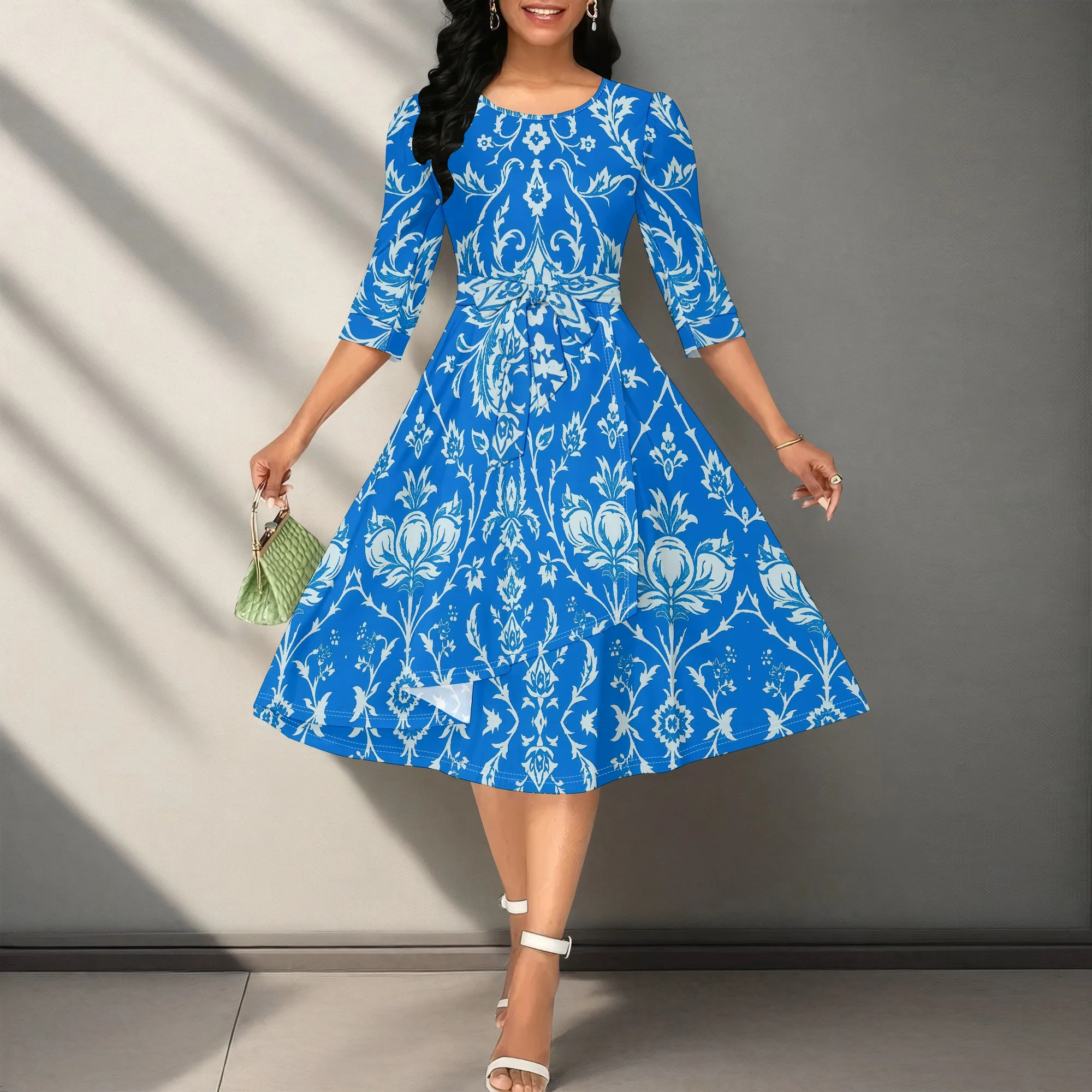 

Women's Elegant Blue Vintage Print Midi Dress 3/4 Sleeve High Waist A Line Church Wedding Guest Party Dress XS-3XL