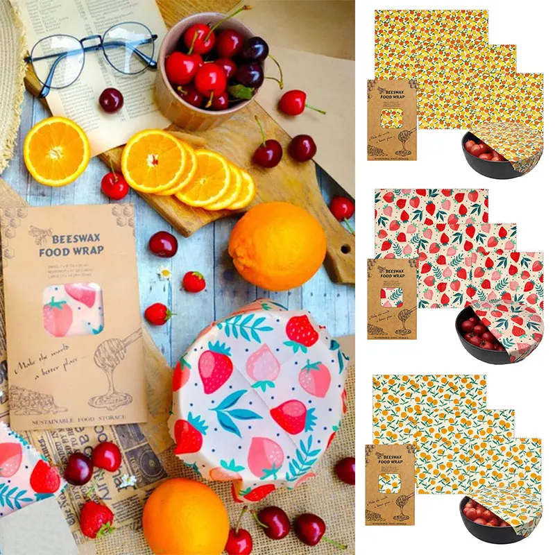 3Pcs/Set Cotton Beeswax Wrap Cloth Reusable Natural Food Grade Preservative Cloth Eco Food Fresh Bag Cover Kitchen Storage Paper