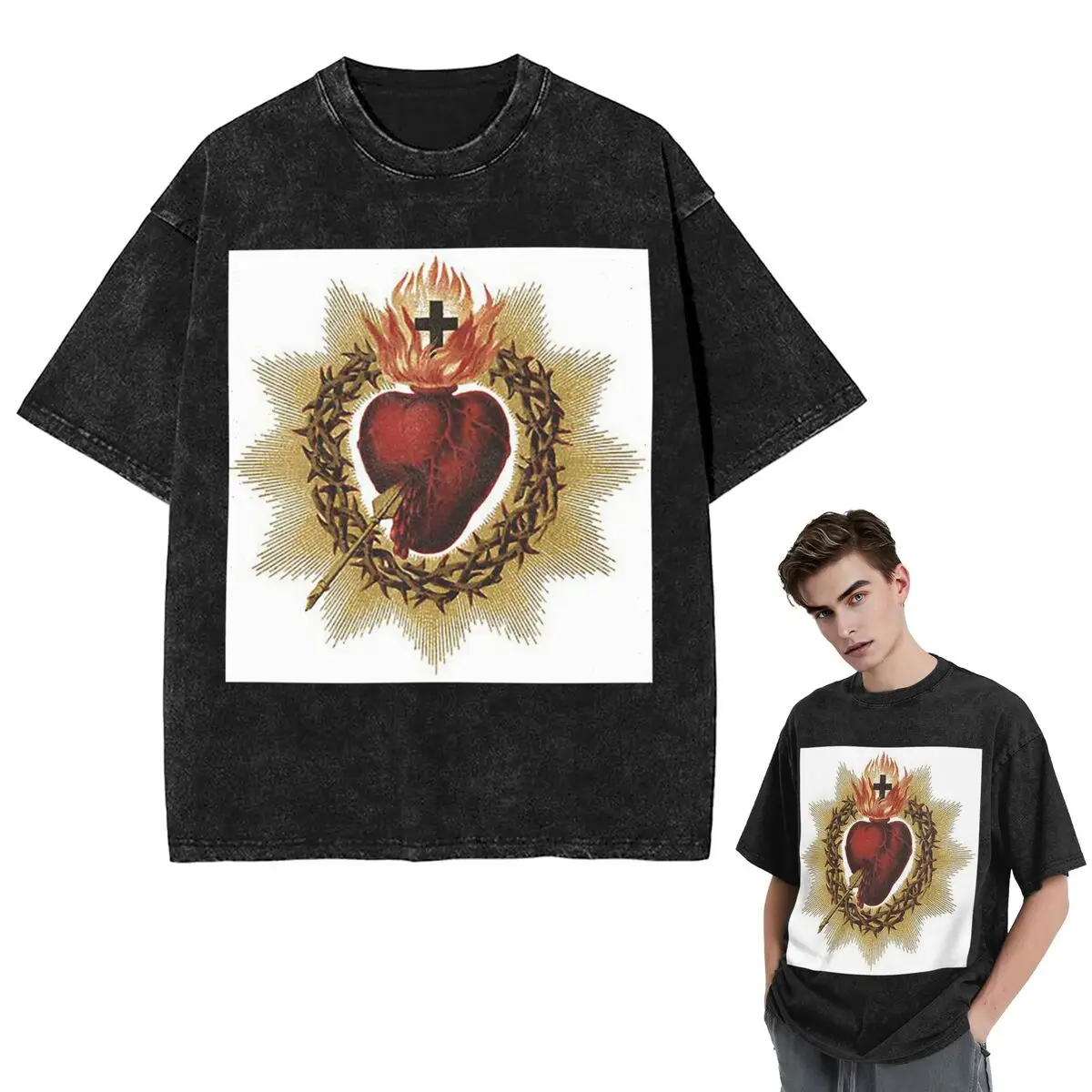 Streetwear T-Shirts Sacred Heart Of Jesus Catholic Washed T Shirt Short Sleeve Hip Hop T-Shirt Tops Tees for Men Women