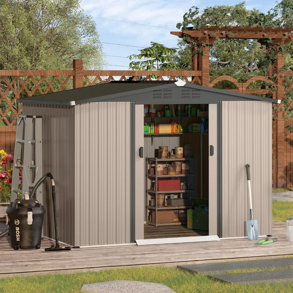 8 x 6 Ft Shed, Outdoor Storage Tool Shed (Sliding Door), Garden Metal Shed for Yard, Outdoor Storage Clearance in Grey