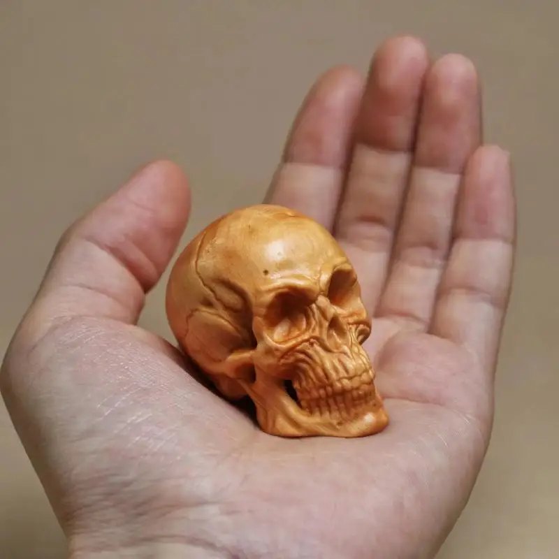Natural Cypress Engrave Skull Decor Small Statue - Halloween Decoration Party Decoration Props Home Room, Car Bar Decoration