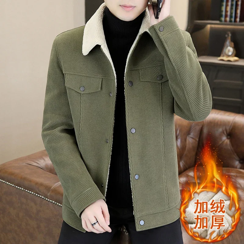 

2024, зимняя мужская теплая куртка из овечьей шерсти, корейский однотонный повседневный короткий плащ с лацканами, деловое социальное пальто, мужская одежда