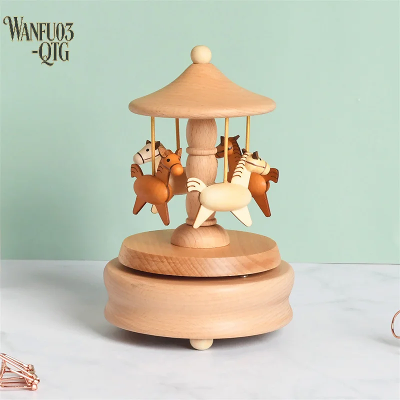 Hot Wooden Carousel Music Box Ornaments Rotatable Hand-cranked Music Box DIY Handmade Birthday Christmas Gift Children’s Toys
