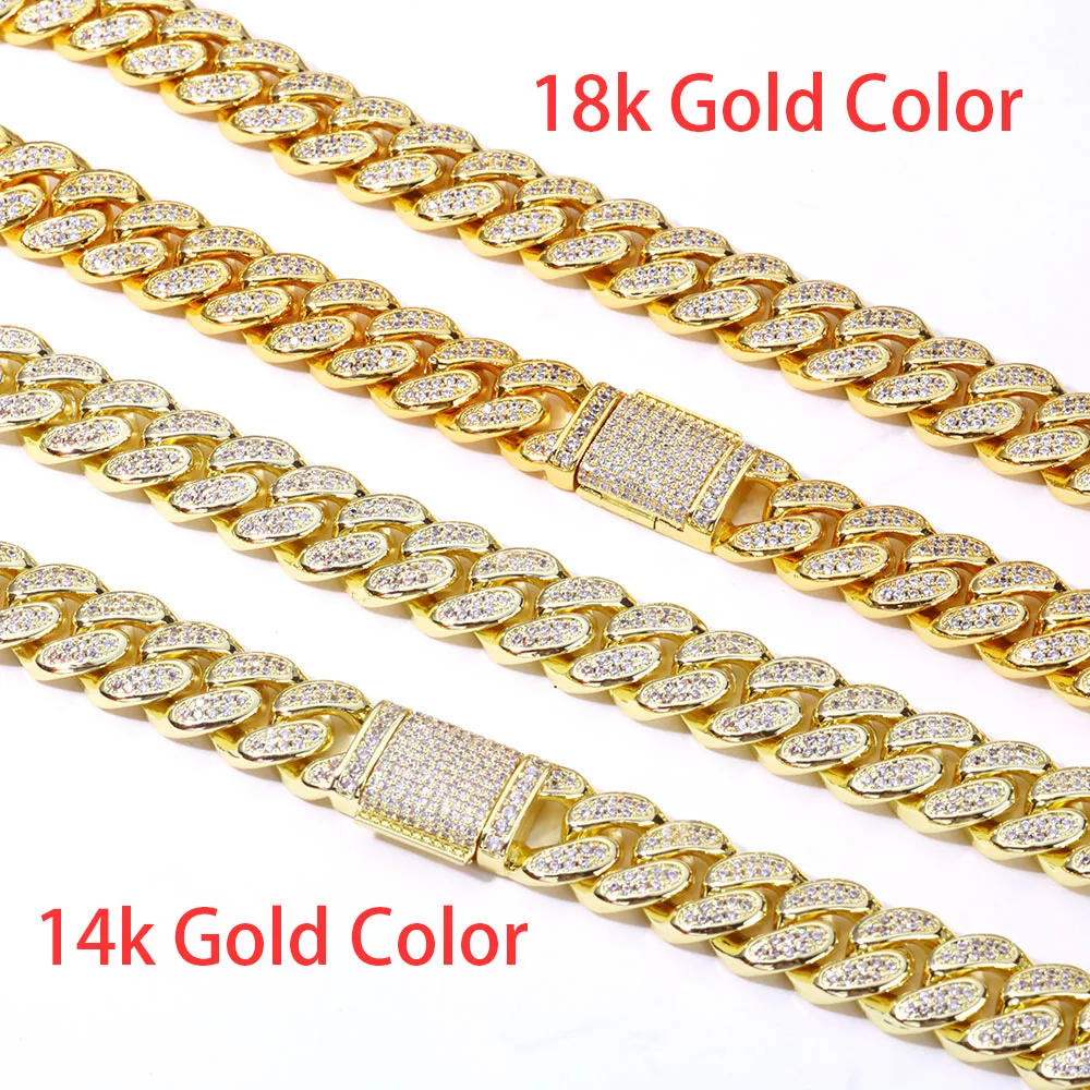 Hip Hop 14k Gold Plated Bling Iced Cuban Chain Jewelry Cadena Hombre 12mm 2 Rows Diamond 18k Gold Color Cuban Necklace