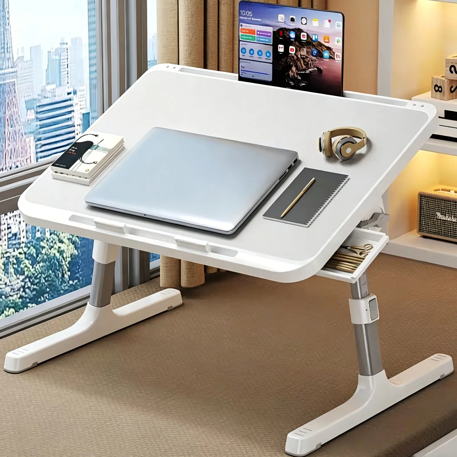 Bureau d'ordinateur portable pliable, table de travail réglable avec fentes et tiroirs antidérapants, organisateur pour lit, canapé, petit-déjeuner