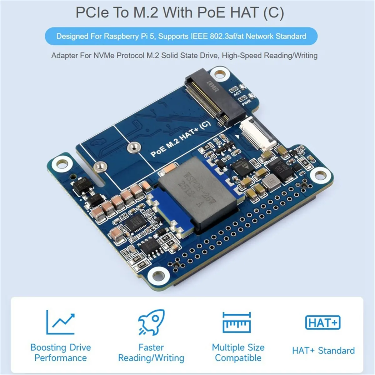 【ELEVATE LIFE】POE M.2 HAT+ Adapter with PoE Function for 5,Supports NVMe Protocol M.2 Solid State Drive,High-Speed Read
