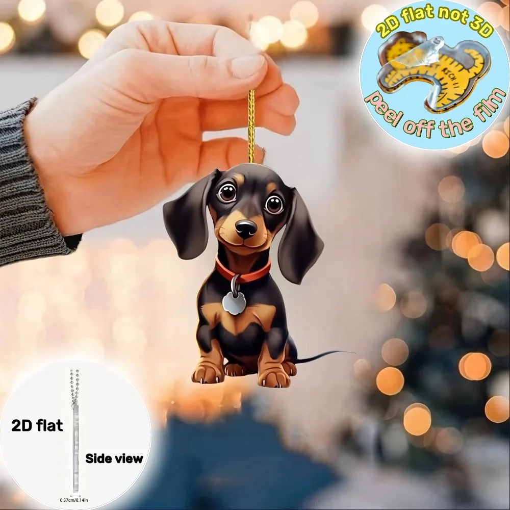 2D Cartoon Dachshund Pendant Charm Cute Dog Keychain Flat Acrylic Puppy Ornament  for Car Mirrors Bags Home Festive Gifts Decor