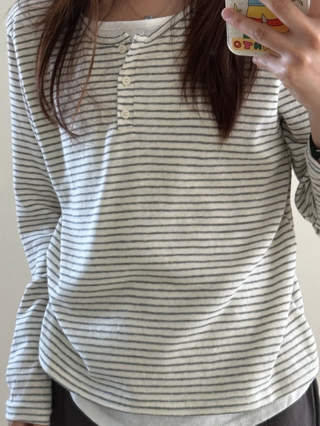 Retro Korean Style Long Sleeve T-Shirt Women's Early Autumn Loose Lazy Small Audience Top Stripe Pattern Button Detail