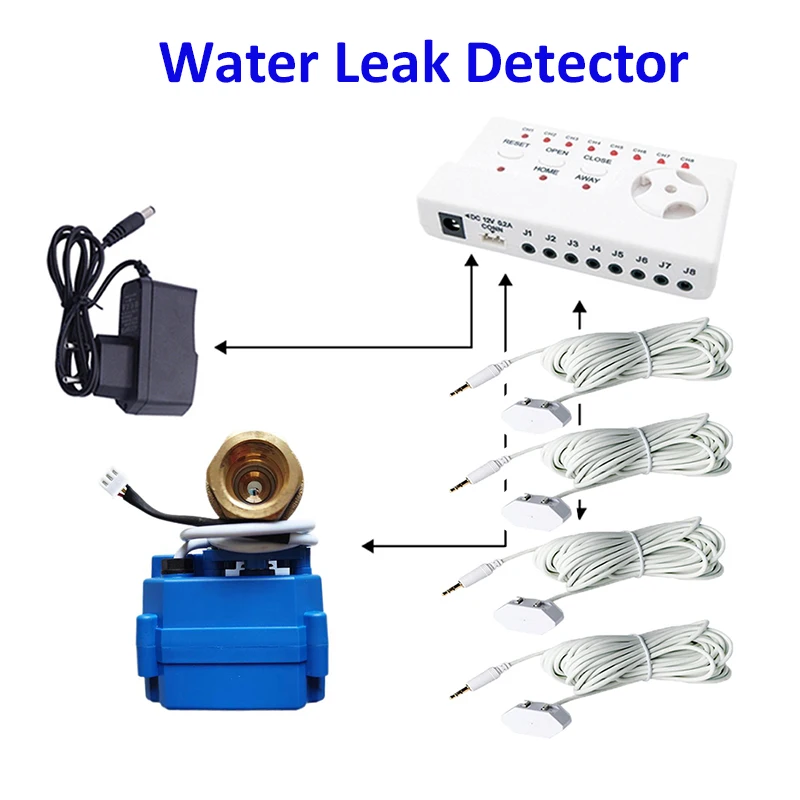 

Dropshipping Korea Russia water leak detector датчик утечки воды with smart valve DN15 (1/2") and 4pc 6-meter long water sensor