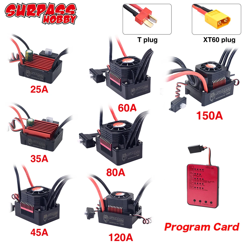 SURPASS HOBBY KK 150A 120A 80A 60A 45A 35A 25A Waterproof ESC T Plug XT60 2-6S for 1/8 1/10 1/12 1/14 1/16 RC Brushless Motor