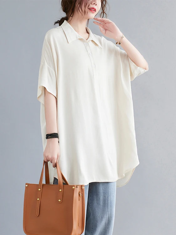 

plus Size Women's Loose Fit irt ort Sve Cover Belly Faionable Mid-Length Slimming Top Commute Sle Casual irt