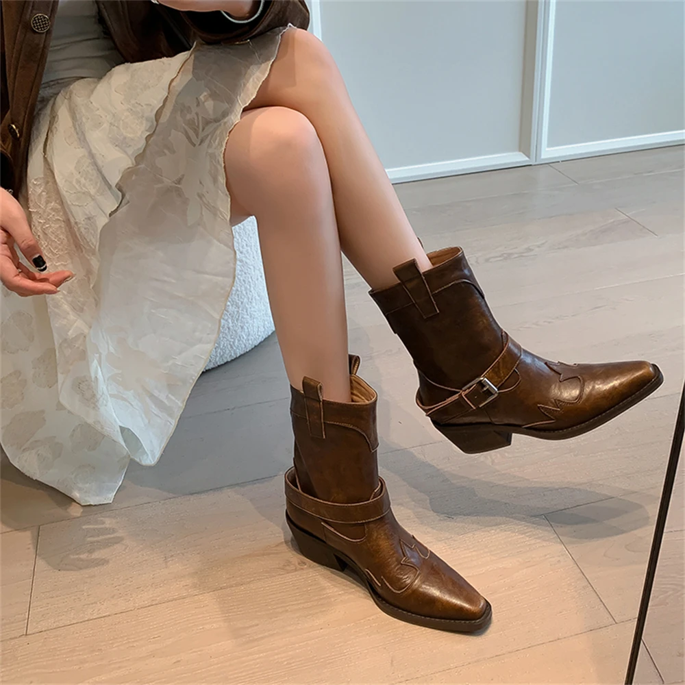 FEDONAS Women Ankle Boots Genuine Leather Chunky High Heels Shoes For Women Winter Luxury Western Cowboy Short Boots Shoes Woman