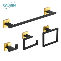 Matte Black Gold Bathroom Accessories Set Wall Towel Holder Roll Paper Holder Towel Ring Robe Hook Stainless Steel Hardware Set