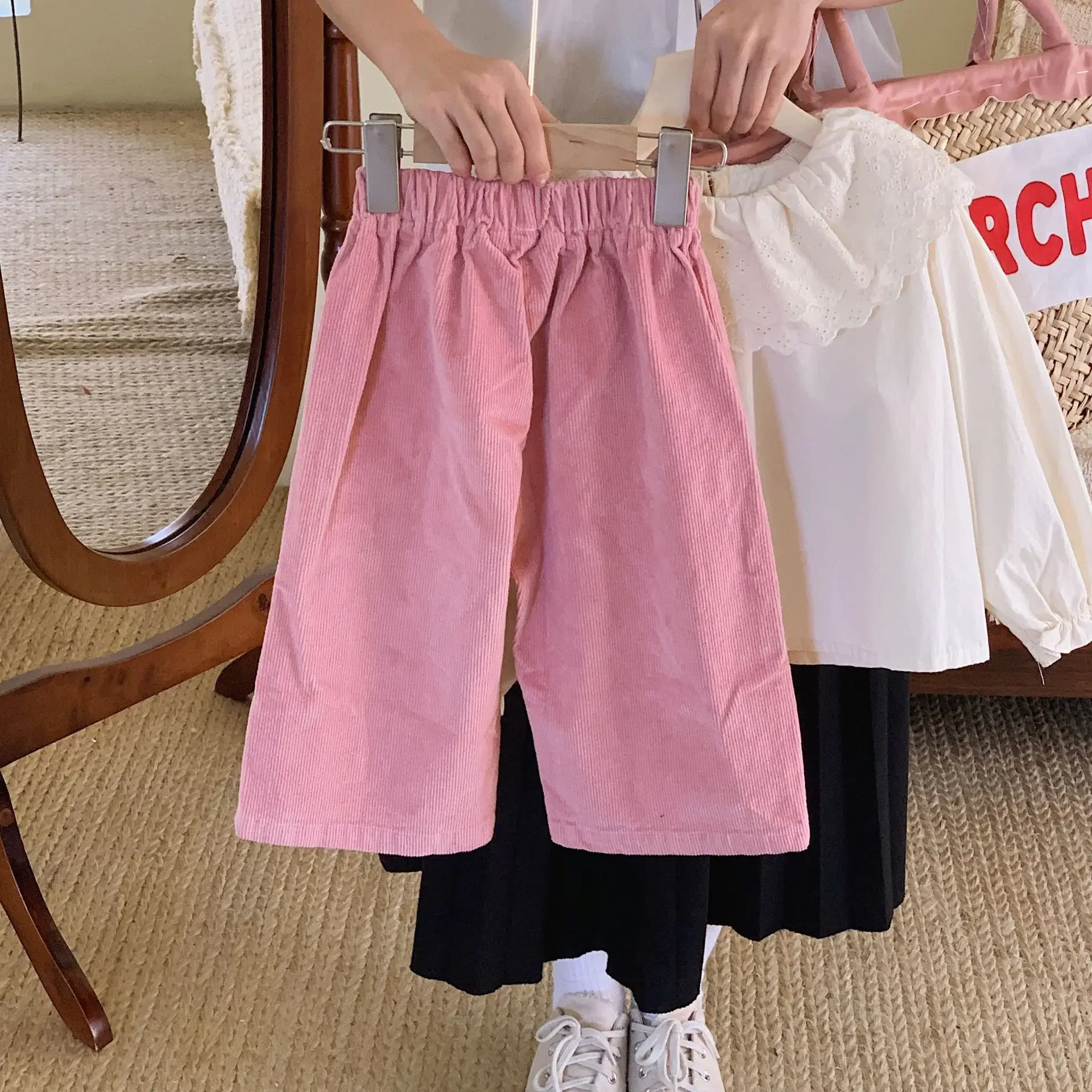 Wide Leg Pants Girl Trousers Children New Childrens Clothing Girl Korean Baby Corduroy Autumn Long Simple 2024 Loose