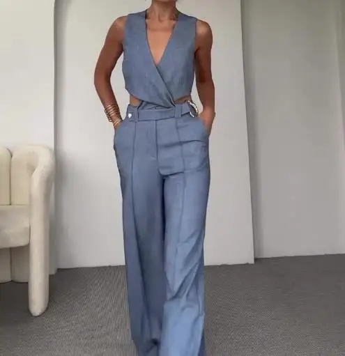 

Комплект из двух предметов, женский наряд, новинка лета 2025 года, однотонный жилет с v-образным вырезом и полой талией, топ и повседневные брюки с высокой талией и прямыми штанинами