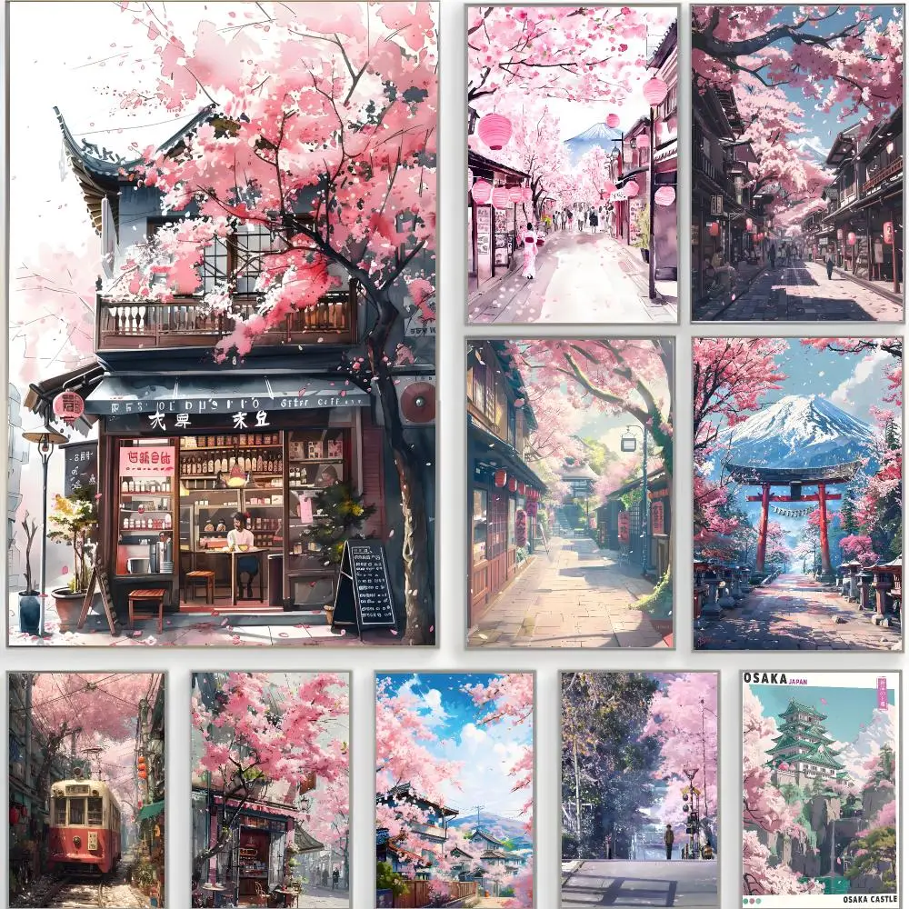scenic illustration j-japanese street scenery sakura Poster Classic Wall Art  Home Decor  Peel and Stick Unframed