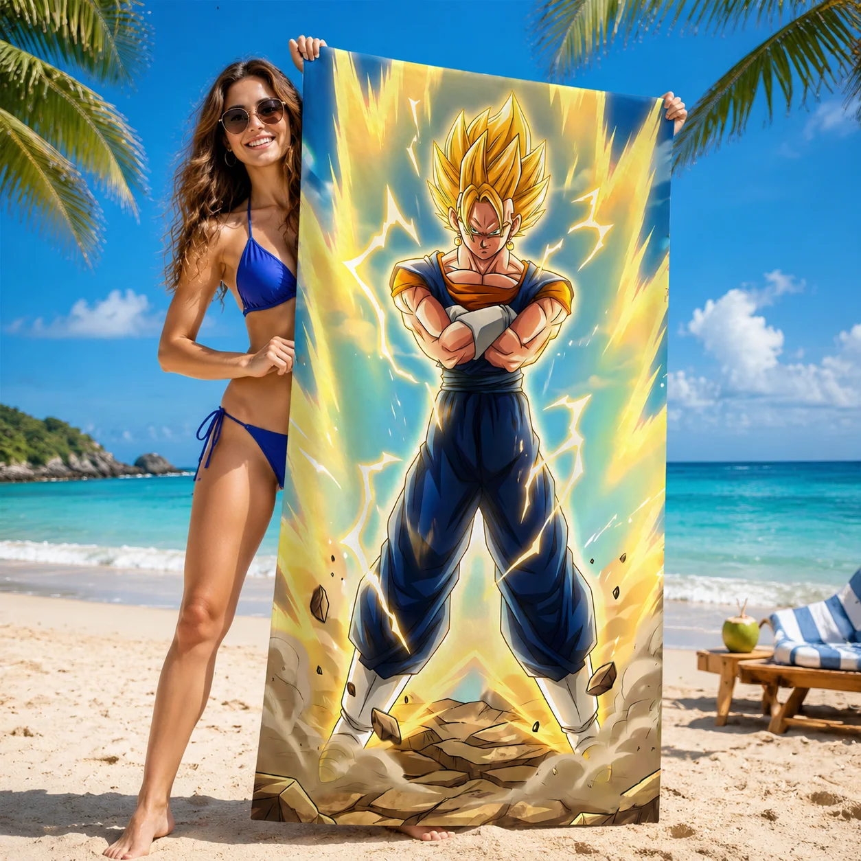 Dragon Ball Z Super Saiyan Vegito Beach Towel, Golden Aura Anime Microfiber Quick Dry Sand-Free Towel for Adults Swim Beach