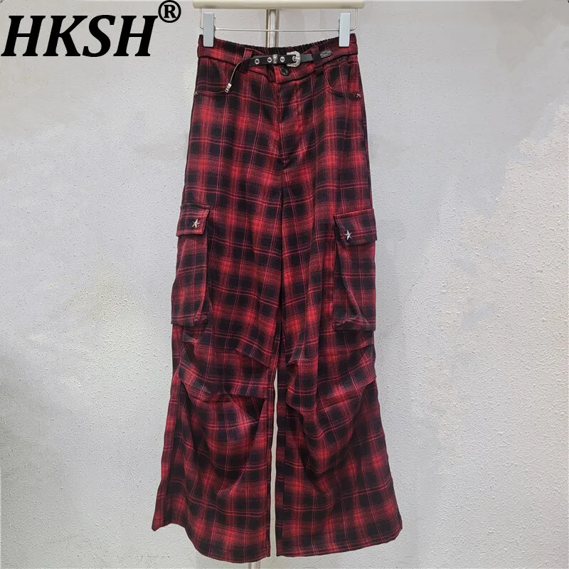 

HKSH весна осень новые женские мешковатые брюки в клетку с несколькими карманами плиссированные универсальные американские ретро Y2K Ins повседневная уличная одежда HK15381