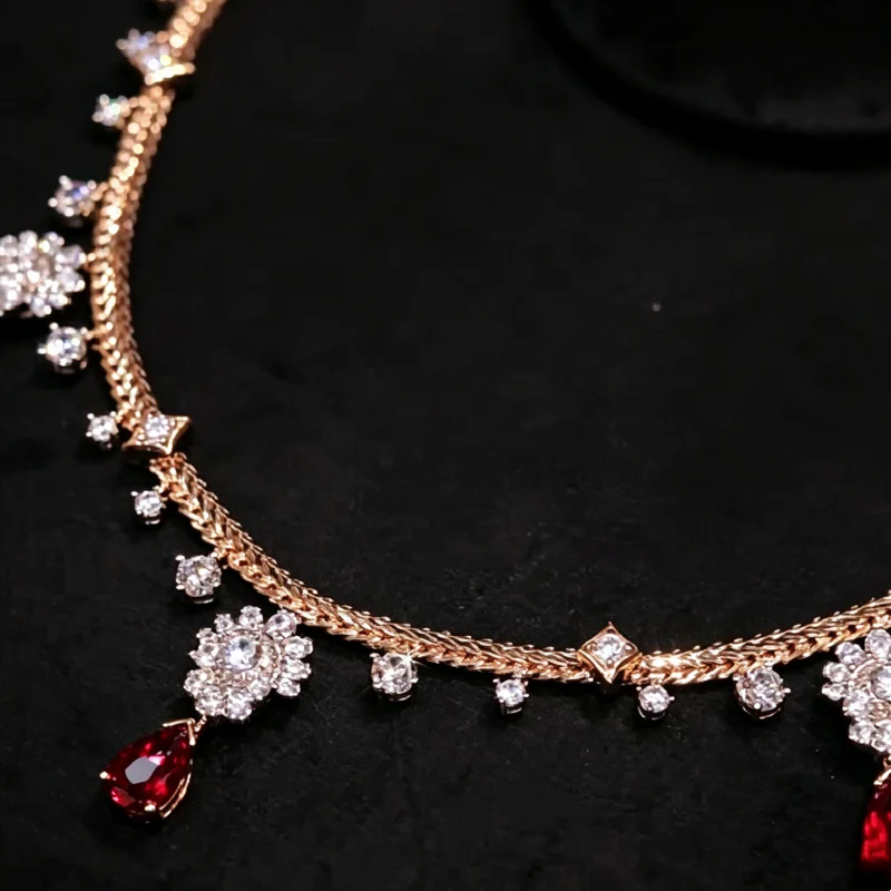 Bellux Luxury Champagne Gold Necklace for Women Waterdrop Red Ruby Cubic Zirconia Tassel Banquet Wedding Party Fine Jewelry