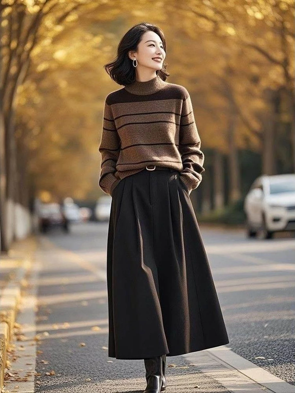 韓国風セミボディスカートニットセーター秋冬レディースツーピースセット体型カバー高級感のあるアンサンブル