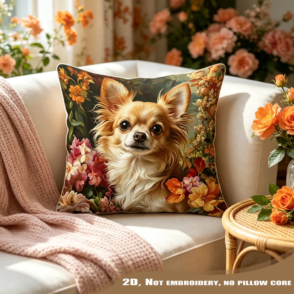 1PC Chihuahua Dog Floral Print Pillow CoverPolyester Cushion Case for Sofa Couch Living Room Bedroom Home Decor