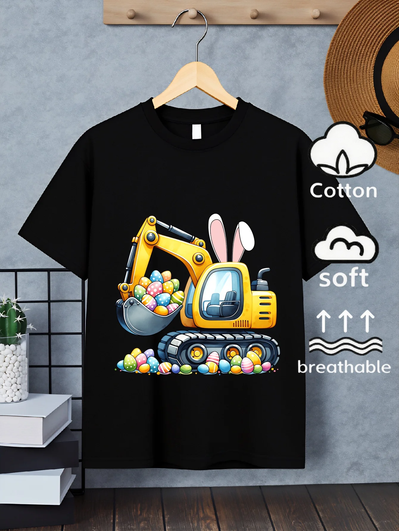 Children's T-shirt Casual Short Sleeved Easter Bunny Digging Pattern Print Fun Summer Design Fashionable Parent-child Outfit
