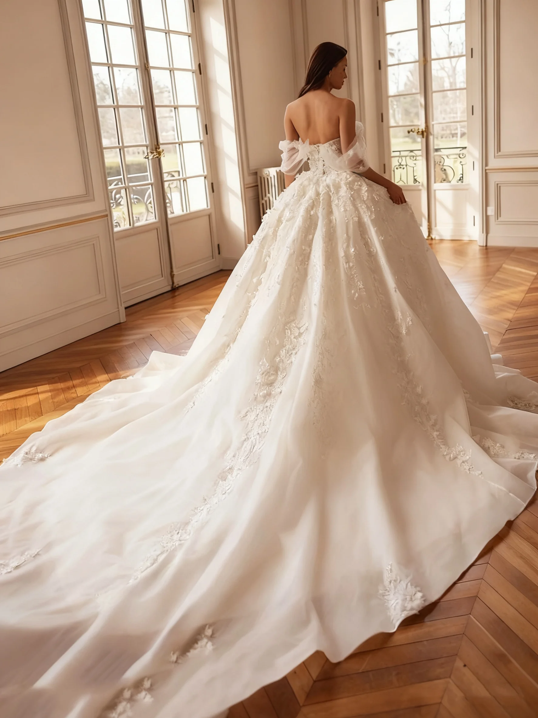 Gorgeous Off Shoulder Bridal Ball Dress 3D Decal Sweet Collar A-line Wedding Dress Luxury Long Tail Romantic Bridal Dress Custom