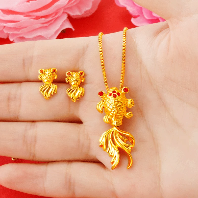 

Genuine 24K Gold Color Goldfish Earrings Necklace for Women Elegant Clavicle Chain Fashion Wedding Engagement Jewelry Gifts