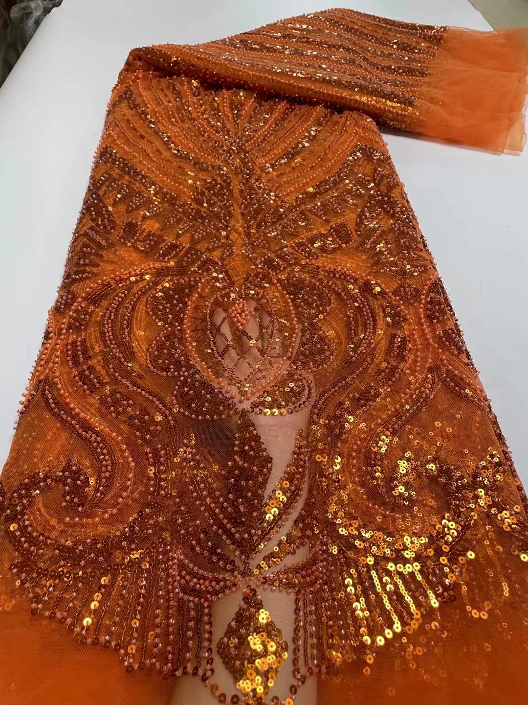 

Nigeria Burnt Orange Heavy Handmade Beaded Net Lace Fabric French Luxury Sequins And Peral Embroidery Fabric For Wedding Dresses