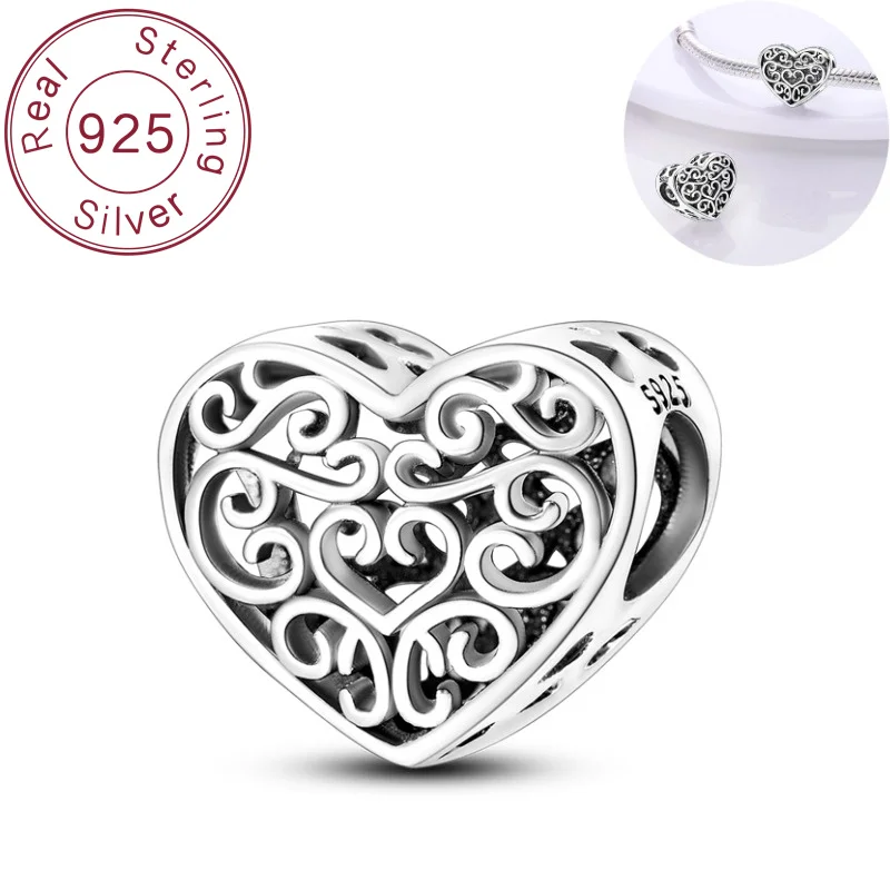 2025 New 925 Pure Silver Pendant Bead Wrapped Love Heart Fits Original Bracelet Jewelry Gift
