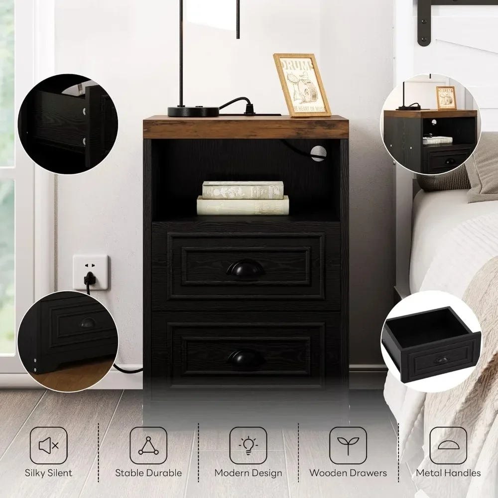 

Farmhouse Nightstand, Power Strip Modern Side Table with Thicken Top 2 Drawer, Bedside End Table w/Storage for Bedroom Furniture