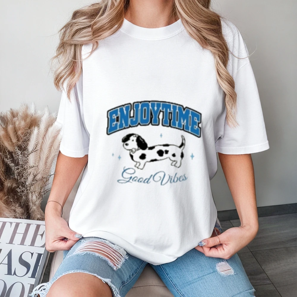 Y2K Cutecore Women's Cotton Tee Playful Enjoy Time Dog Graphic for Daily Wear Positive Vibes Loose Style