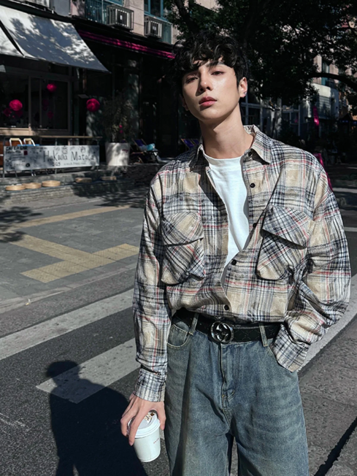 

Мужская рубашка-куртка цвета хаки в клетку с длинным рукавом, весенняя, в американском ретро-стиле, повседневная, с эффектом тай-дай, крутая, высококачественная, модная