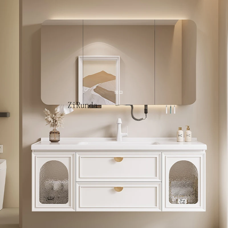 New French ceramic integrated basin bathroom cabinet combination washbasin cabinet wall-mounted
