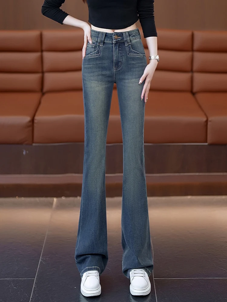 

Женские джинсы-клеш с высокой талией, весна-осень 2026, новая модель, укороченные, ретро, облегающие, для повседневной носки