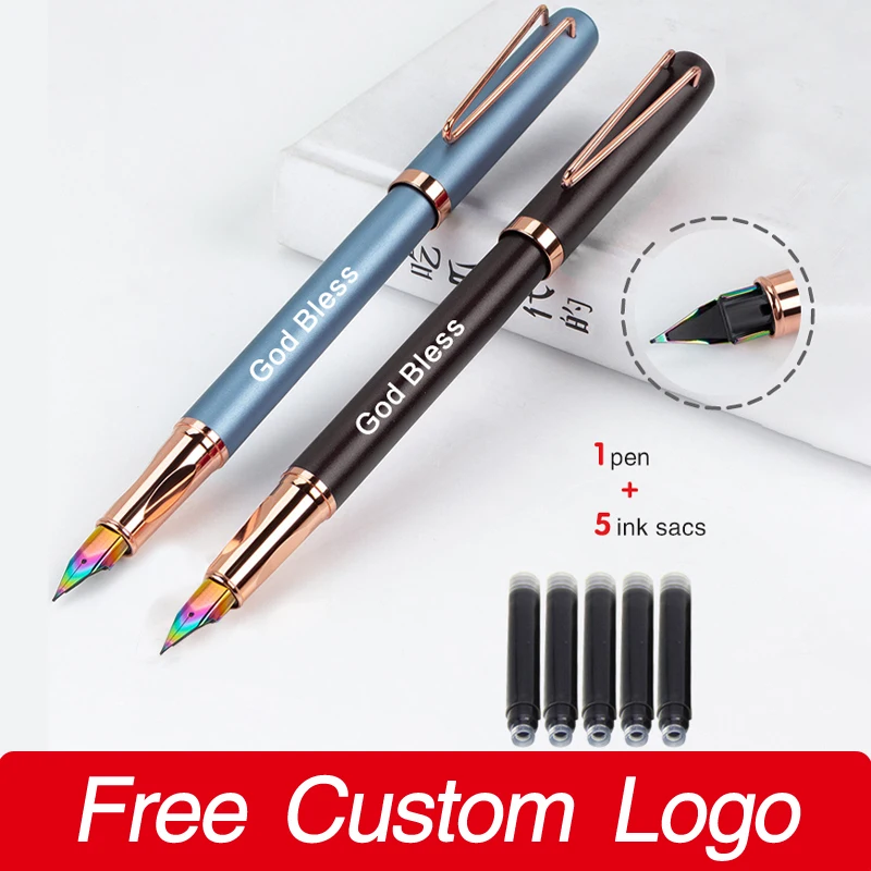 2Pen + 10 Ink Sacs Custom LOGO Metal Fountain Pens Personalized Engraving Gift School Stationery Office Supplies Signature Pen