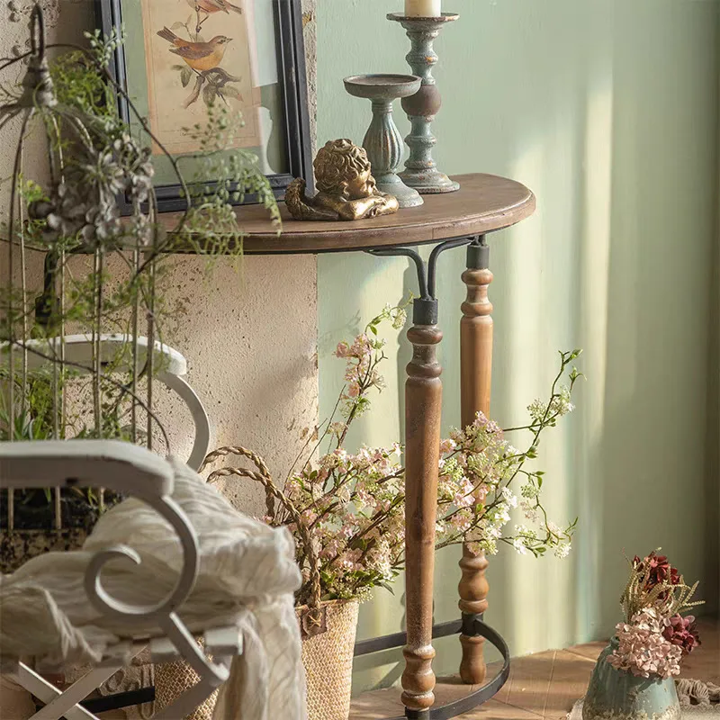 American retro solid wood entrance table homestay against the wall semi-round table old display stand