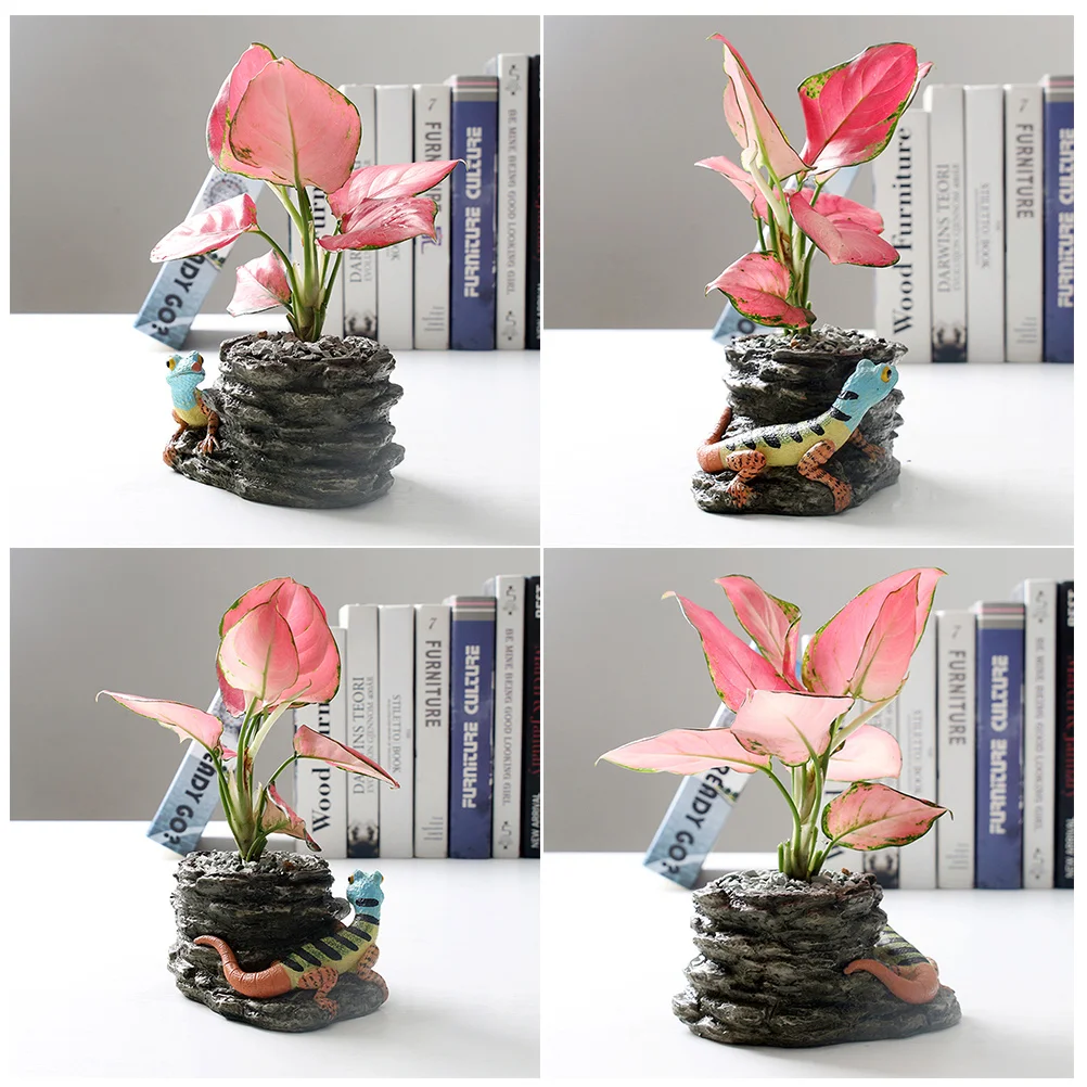 

15x11x8cm Mountain Resin Flower Pot Dark Grey Mini Temple Design Large Capacity Succulent Planter for Desk Garden