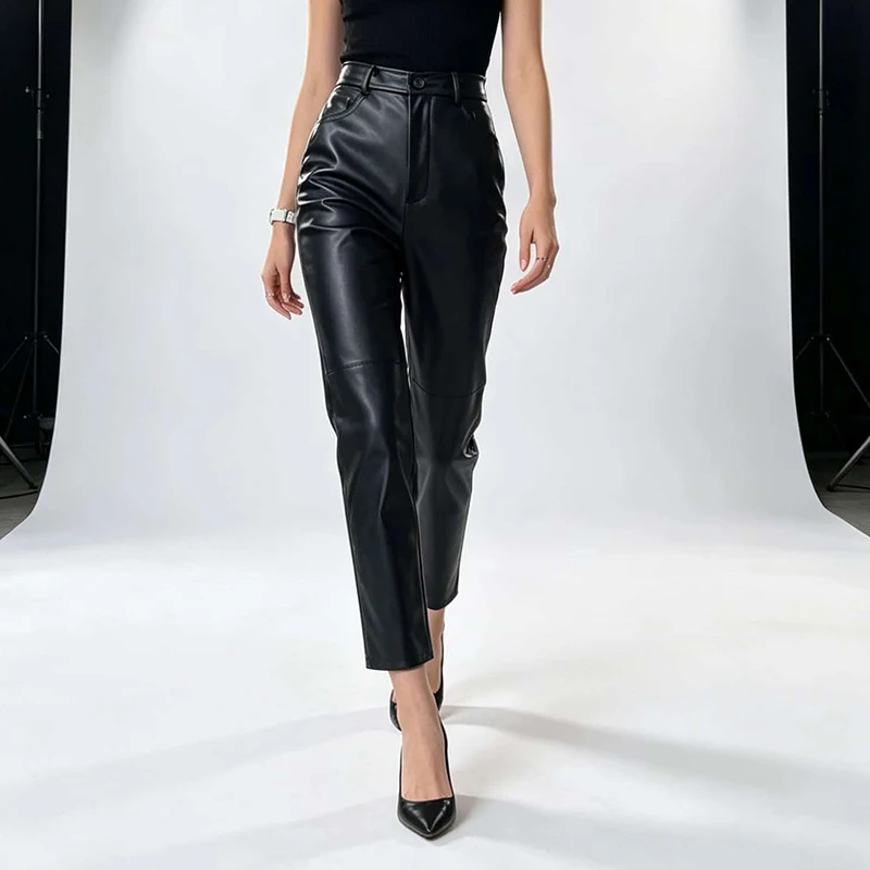 Genuine Leather Pants Spring Women High Waist Carrot Tapered Cropped Pants Vintage Vegetable Tanned Sheepskin 9 Points Trousers