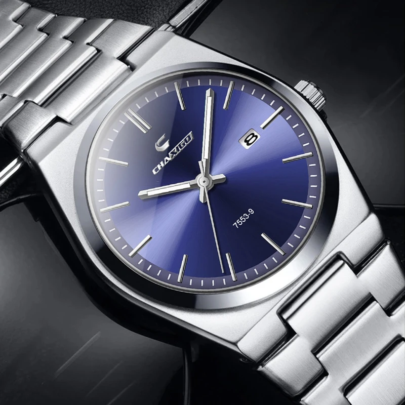 CHAXIGO 7553 الأعمال رقيقة جدا ساعة رجالي مقاوم للماء مضيئة ساعة كوارتز سبيكة حالة التقويم الصلب قطاع الساعات للرجل