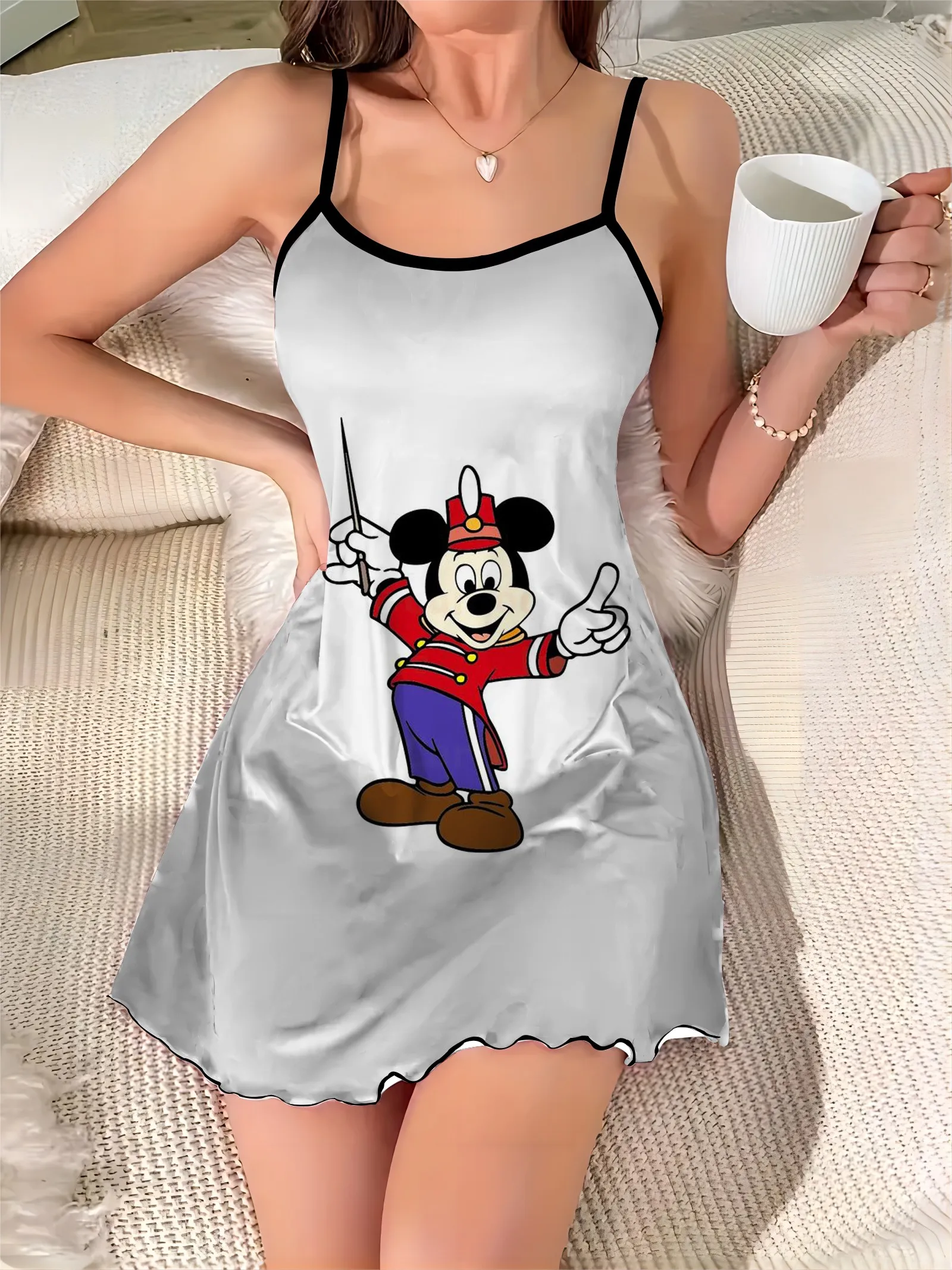 

Satin Surface Home Dress Pajama Skirt Mickey Elegant Dresses for Women Minnie Mouse Disney Lettuce Trim Crew Neck Chic Mini Sexy
