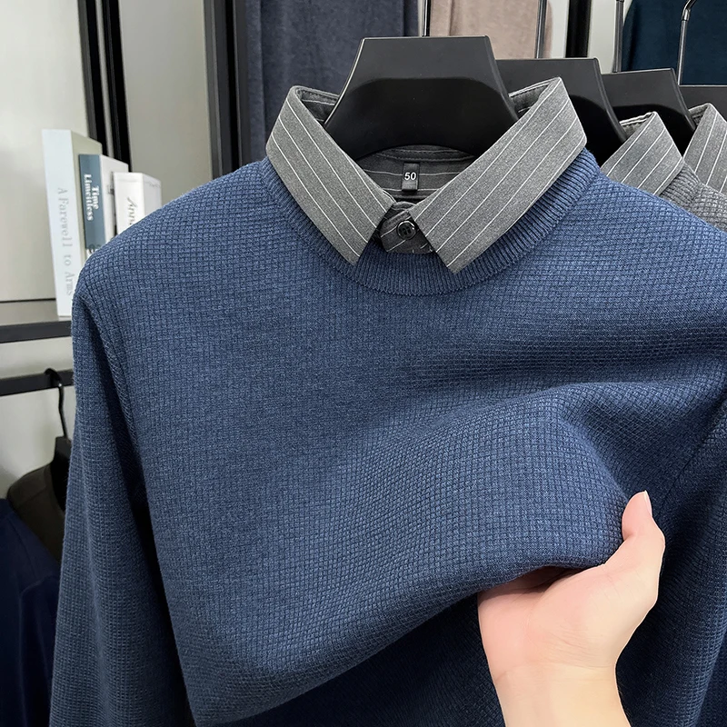 

Luxury high-quality wool knitted pullover business casual new fashion unique fake two-piece striped shirt collar men's sweater