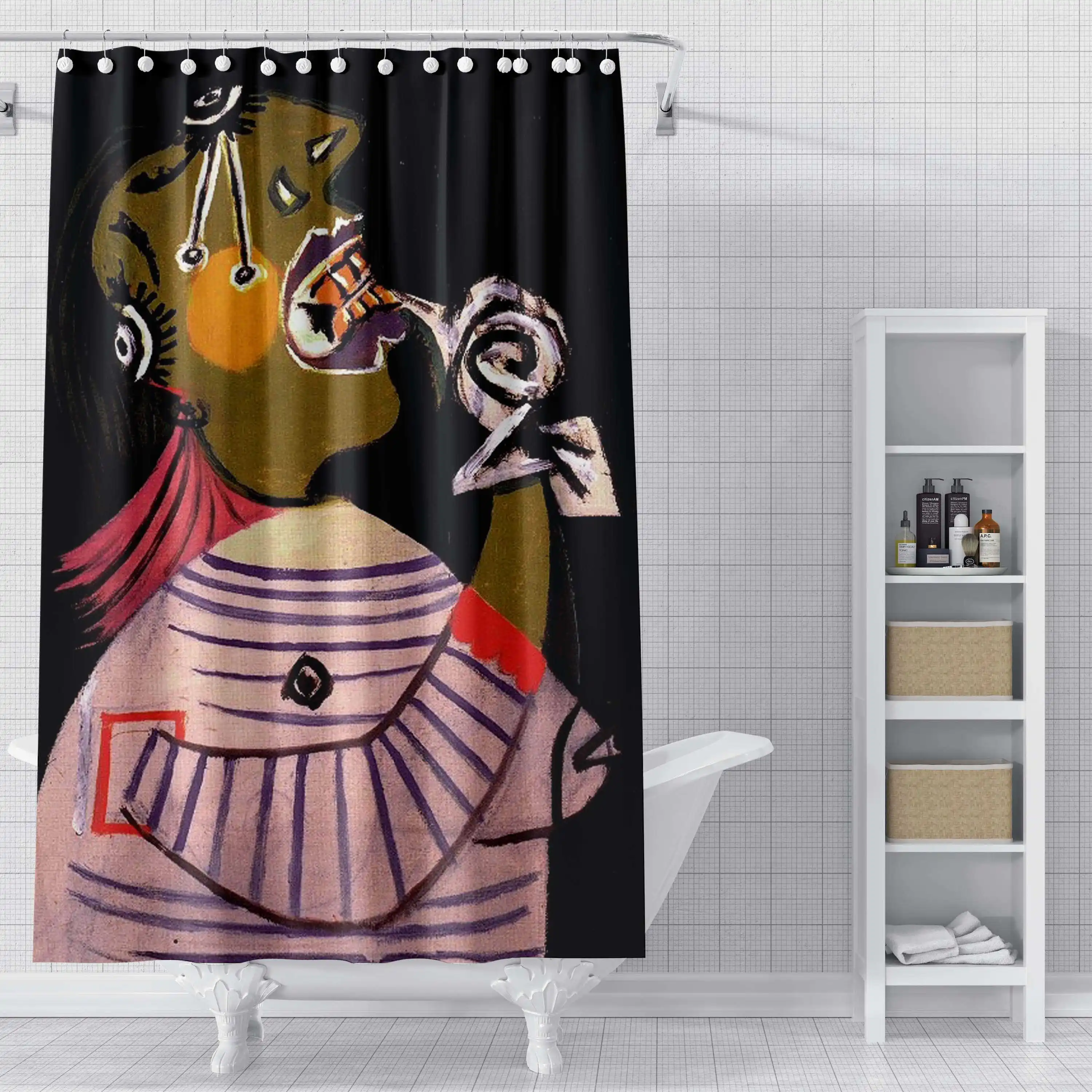 Eco-Friendly Cartoon Shower Curtain with Picasso Art Painting Non-Perforated and Thickened Bathroom Partition Curtain