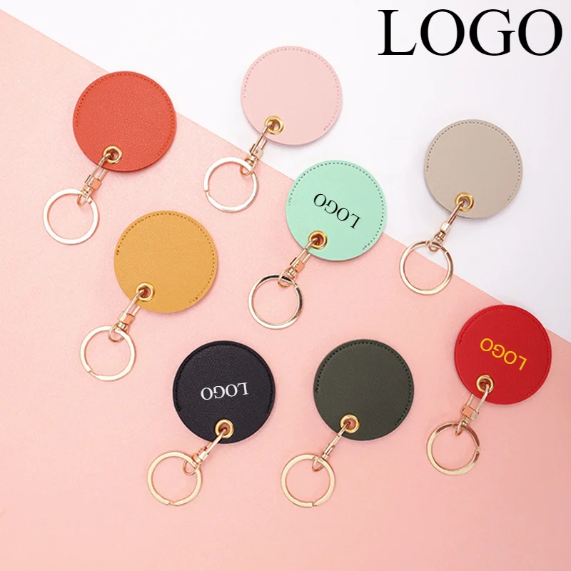 

Custom Print Logo Round Leather Keychain Laser Engrave Bus Door Card Protection Cover Circle Key Chain Personalize Bag Keyring