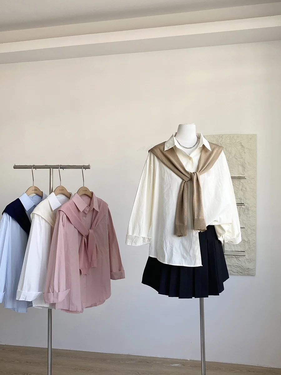 

Spring 2025 Loose Casual Pure Color Middle-Length Single-Buttoned Women's Shirt Jacket Matching Shawl Fashion Set for Young L...